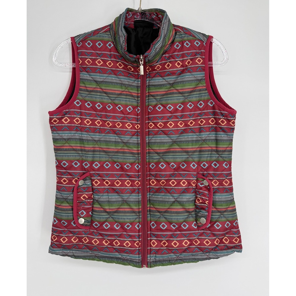 Jane Ashley Womens Southwestern Quilted Vest Red Green Geometric Zip Front Sz M